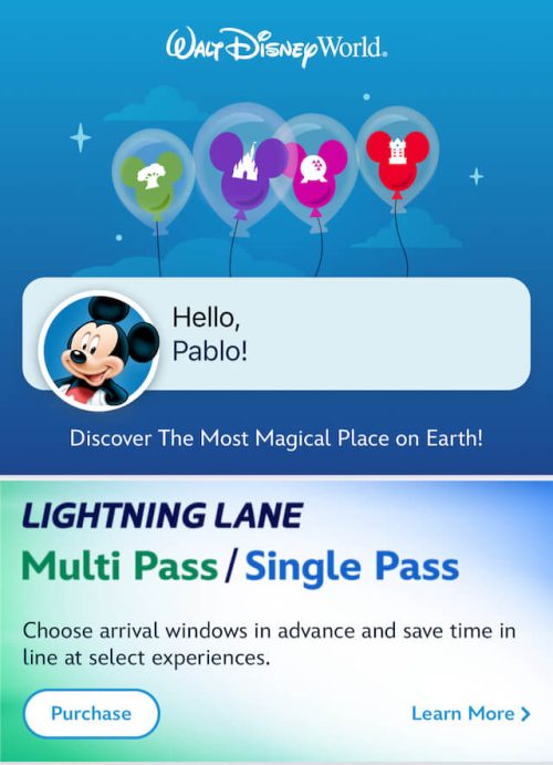 Pantalla de bienvenida de la app de Walt Disney World desde donde comprar Lightning Lane