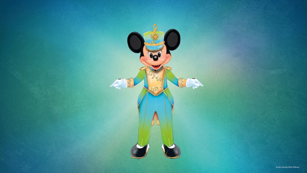 Traje especial de Mickey en el espectáculo de bienvenida del Disney Music Festival en Disneyland Paris